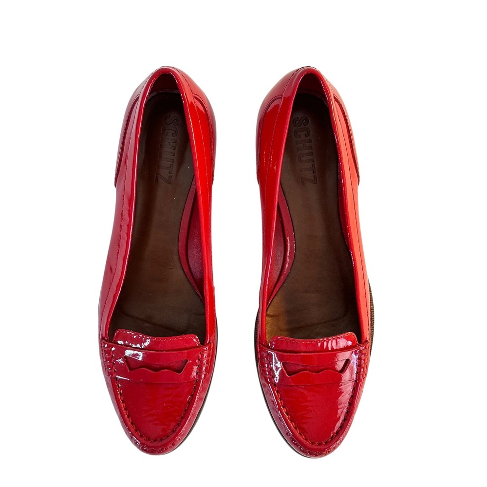 Schutz Patent Leather Penny Loafers Size  11B Red Patent Leather Moc Toe Flats